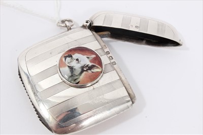 Lot 27 - Silver vesta case with an applied enamel plaque of French bulldog
