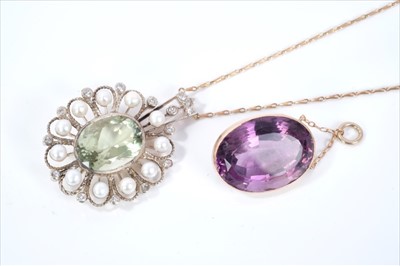 Lot 462 - Green amethyst, diamond and cultured pearl pendant in silver setting on gold, together with an Edwardian large single stone amethyst pendant (2)