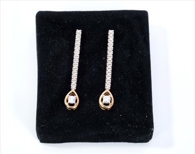 Lot 464 - Pair of diamond pendant earrings in 9ct gold setting. Estimated total diamond weight approximately 0.50cts