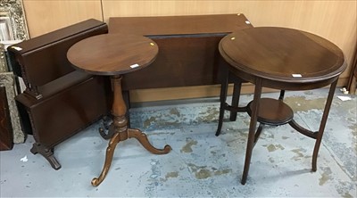 Lot 933 - 19th Century mahogany wine table on tripod base, round two tier inlaid occasional table together with two other table (4)