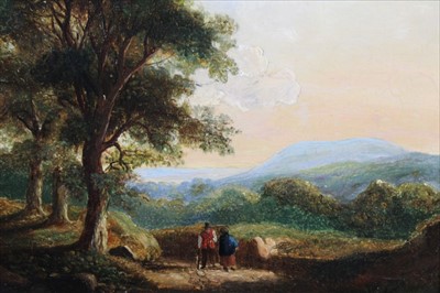 Lot 1128 - Norwich School, mid-19th century oil - figures on a path in a landscape