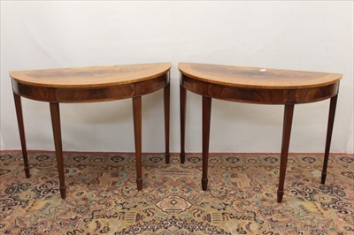 Lot 1326 - Pair of Sheraton style mahogany and inlaid demi-lune side tables