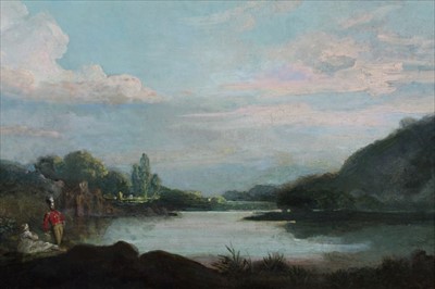 Lot 1123 - Manner of Richard Wilson (1714-1782) oil on canvas - Soldier and lover before a lake