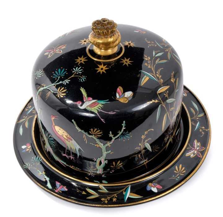 Lot 92 - Victorian cheese dome and dish, painted in bright enamels with birds
