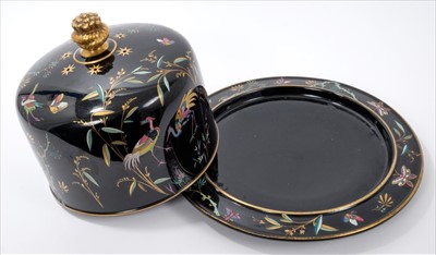 Lot 92 - Victorian cheese dome and dish, painted in bright enamels with birds