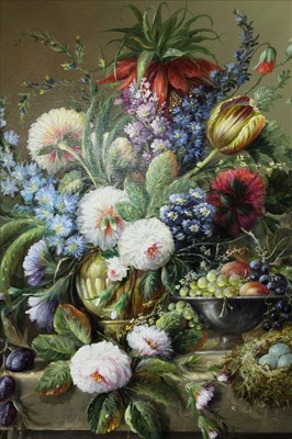 Lot 1124 - 17th century Dutch style oil on canvas - still life of flowers on a ledge