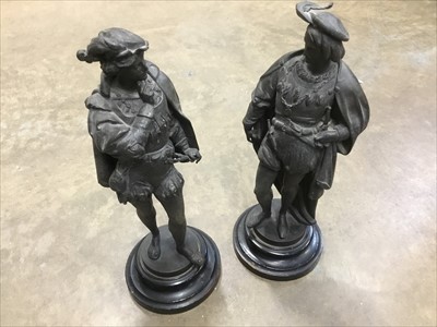 Lot 151 - Pair of late 19th. / early 20th century Continental spelter figures of gallants, on turned wooden plinths