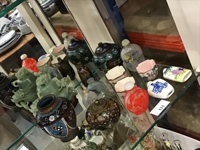 Lot 111 - Group of Chinese snuff bottles, Chinese hardstone carved vessel, enamel tea bowls and three cloisonné pots