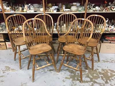 Lot 939 - Set of six stick back elbow chairs/bar stools on turned supports