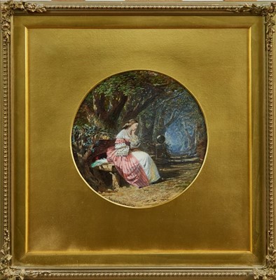 Lot 957 - John Edmund Buckley (1824-1876) pair of watercolours tondo - ladies seated on woodland benches, signed and dated 1859, in glazed gilt frames, 17cm diameter