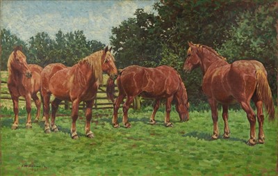 Lot 880 - Stanley W. Barwell (1892-?) oil on canvas - Suffolk Punches at Grass