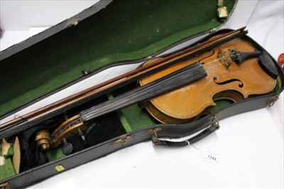 Lot 1742 - Old violin with two bows in case