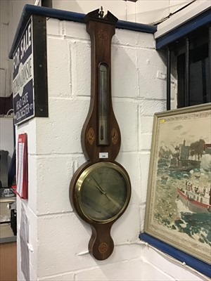 Lot 120 - 19th century banjo shaped barometer thermometer in inlaid mahogany case, with silvered dials signed Corti