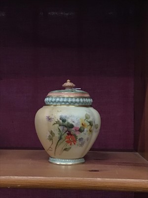 Lot 123 - Edwardian Royal Worcester blush ivory pot pourri vase and cover with painted floral reserves