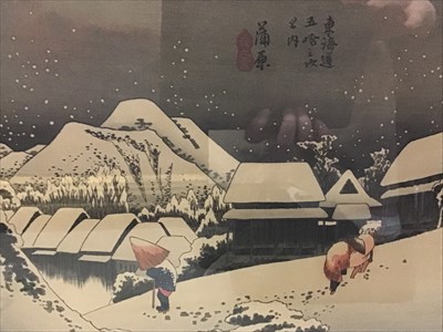 Lot 142 - Ando Hiroshige (1797-1858) woodblock - Evening Snow at Kanbara, no. 16 from 53 stages of the Takaido, in glazed frame