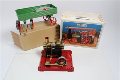 Lot 1353 - Mamod steam tractor TE1A, steam engine SE 2A plus open wagon OW1, all boxed.