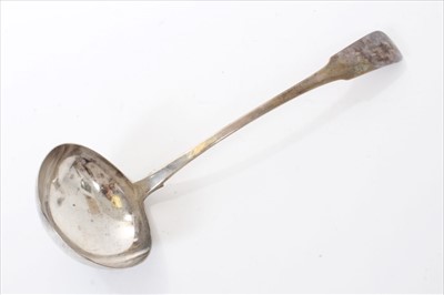 Lot 236 - George IV Irish silver fiddle pattern soup ladle.