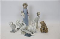 Lot 2194 - Two Lladro figures, bear, rabbit, three geese...