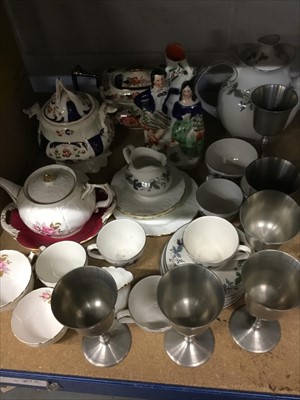 Lot 222 - Decorative ceramics, tablewares, Staffordshire figure and pewter cups