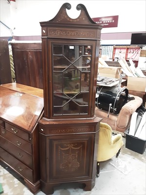 Lot 983 - Edwardian inlaid two height corner cupboard with astragal glazed door above and panelled door below