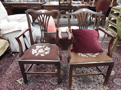 Lot 982 - Pair of antique mahogany  elbow chairs with pierced splat backs and drop in seats