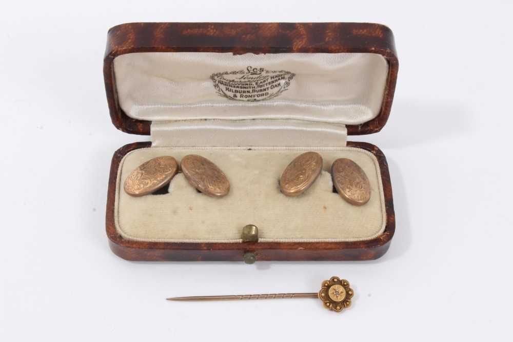 Lot 22 - Pair 9ct gold cufflinks in fitted case and Victorian gold stick pin