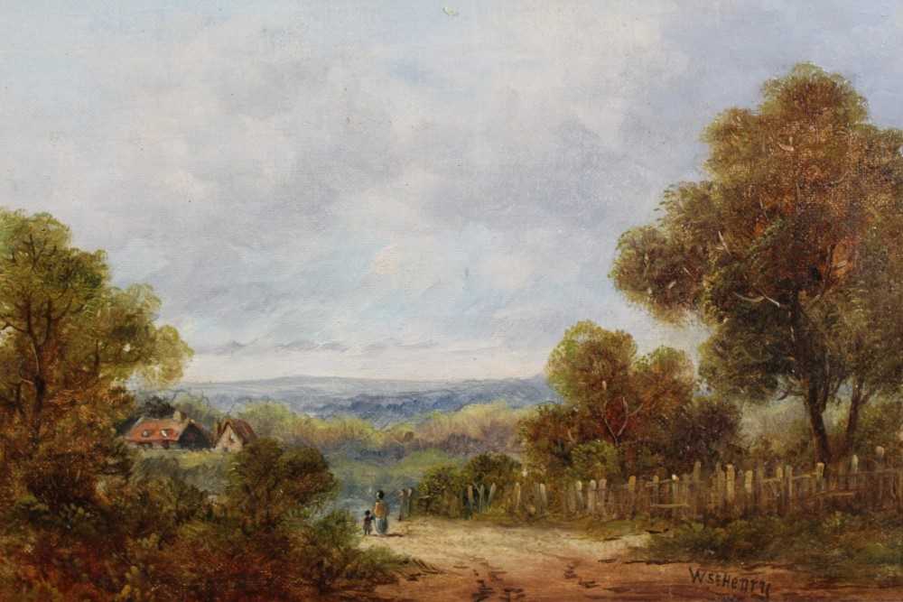Lot 43 - W. St. Henry, 19th century, oil on canvas - figures in a lane in extensive landscape, signed, in gilt frame, 19cm x 39cm