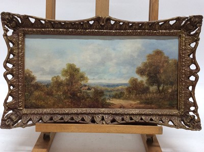 Lot 43 - W. St. Henry, 19th century, oil on canvas - figures in a lane in extensive landscape, signed, in gilt frame, 19cm x 39cm