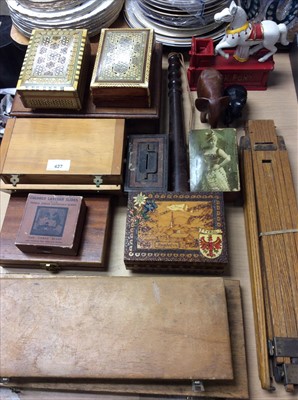 Lot 427 - Group wooden boxes, precision tools, microscope slides, reproduction trick pony money box and sundries