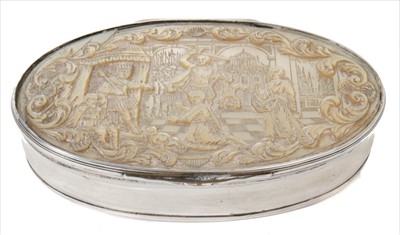 Lot 241 - 19th century Continental silver box of oval form with carved mother of pearl panel