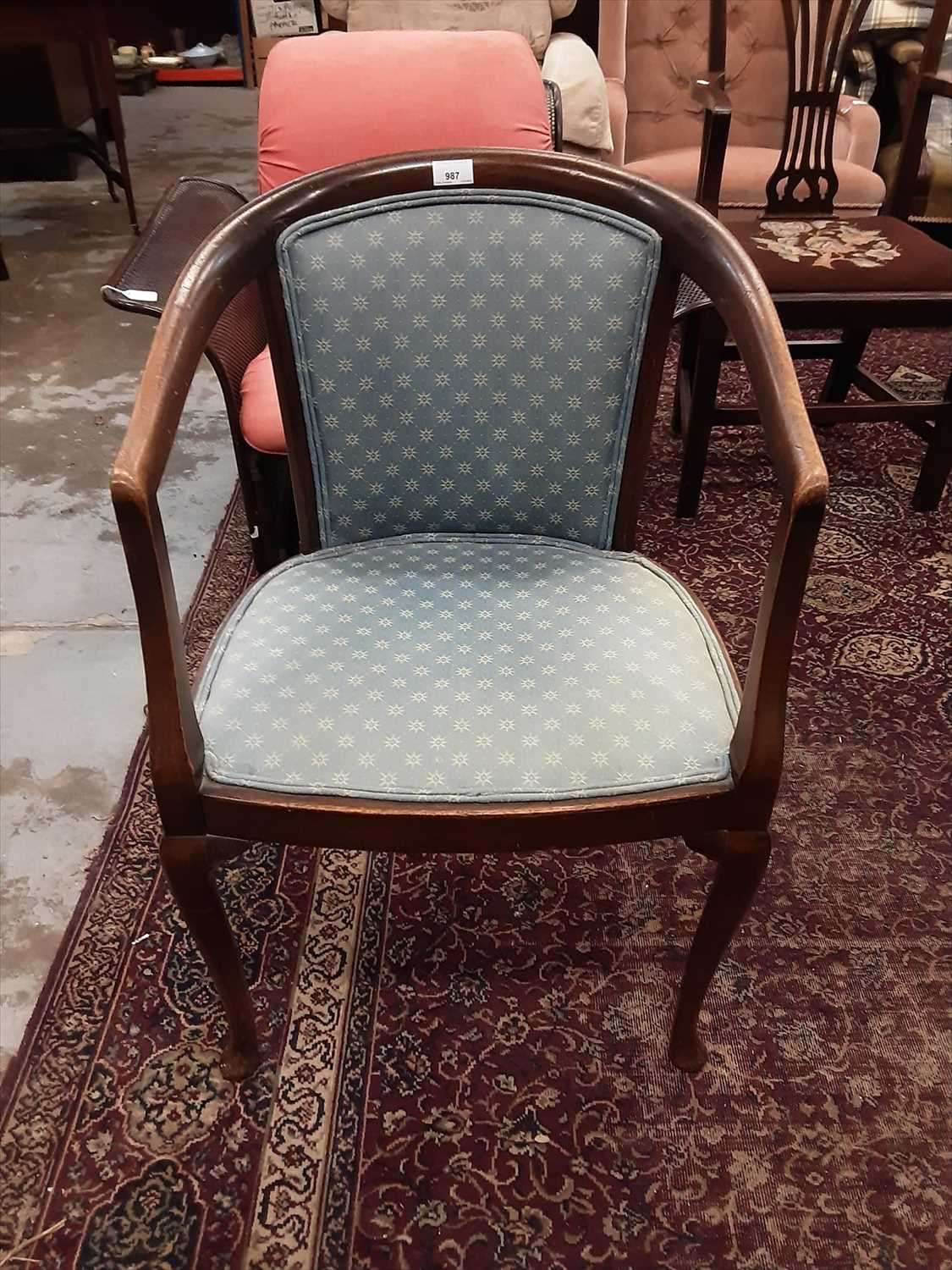 Lot 987 - Mahogany tub chair with blue upholstery on cabriole front legs