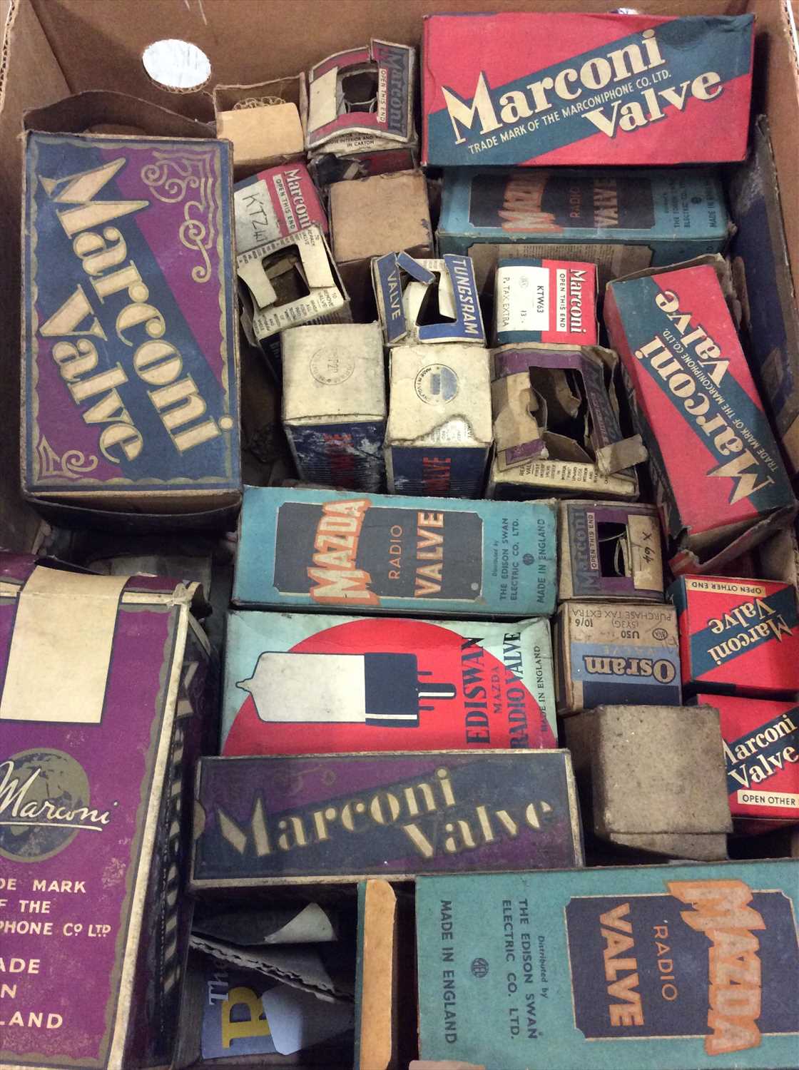 Lot 466 - Collection of empty vintage radio valve boxes including Marconi