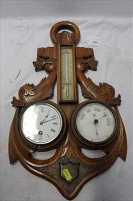 Lot 1860 - Early 20th century carved walnut combination clock and barometer, carved in the form of an anchor