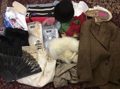 Lot 480 - Group vintage textiles and clothing including Harris Tweed blazer, Chinese embroidered silk trousers, bowler hat, small sampler, fox fur stole and Radley leather handbag