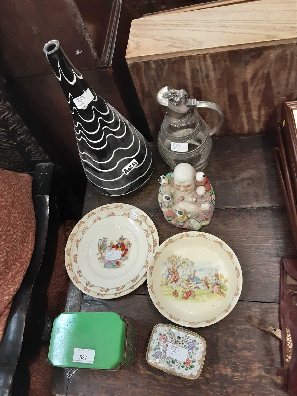 Lot 527 - A good quality Limoges, France porcelain trinket box together with another trinket box, claret jug with metal mounts, Bunnykins china, buddha figure and an art glass vase