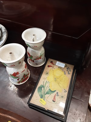 Lot 540 - Pair of oriental candlestick holders together with two botanical prints