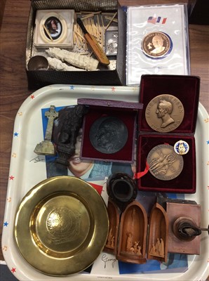 Lot 545 - Medallions, carved hardwood eagles head vesta, brass dish, ornaments and sundries