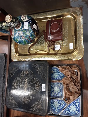 Lot 278 - Oriental porcelain hors d'oeuvres set in lacquered box, together with engraved brass tray, enamelled pottery ewer, Zeiss camera and picnic set