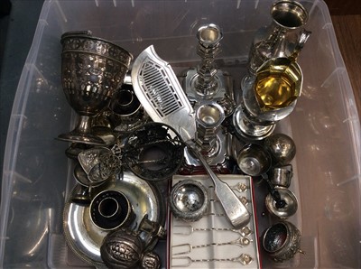 Lot 716 - Georgian silver sugar basket with pierced decoration and swing handle, continental white metal salts and other plated ware