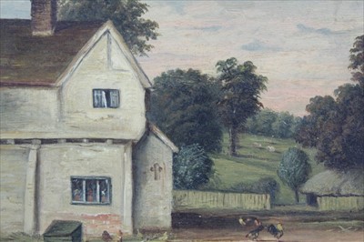 Lot 989 - Christopher Mark Maskell (1846-1933) oil on canvas - chickens before a farmhouse, initialled, in gilt frame, 20cm x 25cm