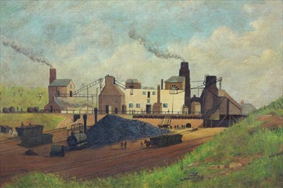 Lot 1008 - Late 19th century English school oil on panel - a view of Hetton Colliery showing George Stevenson's famous railway, indistinctly signed, titled, unframed, 30cm x 46cm