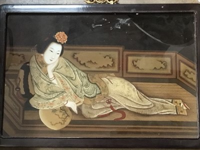 Lot 234 - Early 20th century Japanese reverse painted picture on glass of a reclining Geisha girl in wooden frame