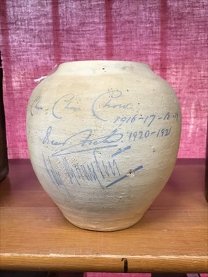 Lot 193 - Theatre interest: An unusual earthenware pot, turned on stage during a performance of the musical “Chu Chin Chow” between 1916-21 and signed by Oscar Asche and Lily Barton who performed in the show
