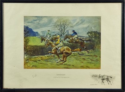 Lot 946 - Snaffles, Charles Johnson Payne (1884-1967) signed print - Sandown, Asking 'Em The Question, in glazed frame, 51cm x 70cm