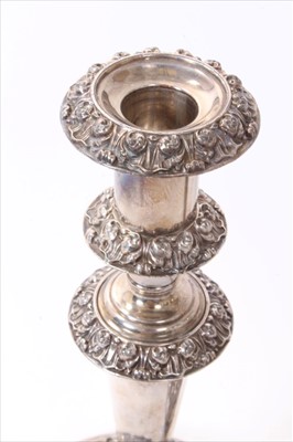 Lot 261 - Pair of 19th century silver plated candelabra and a pair of matching candlesticks.