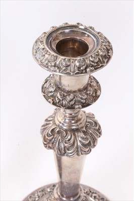 Lot 263 - Two pairs of 19th century silver plate candlesticks.