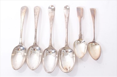 Lot 278 - Pair of 18th century Bright Cut Old English pattern tablespoons,  and four other spoons