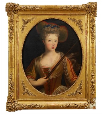 Lot 1011 - French School, 19th century oil on canvas - portrait of a lady in the 18th century style, within an oval, in ornate gilt frame, 74cm x 58cm