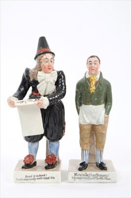 Lot 117 - A pair of Enoch Wood pearlware theatrical figures of John Liston as Sam Swipes and Van Dunder, circa 1830