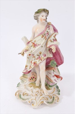 Lot 119 - Derby figure, circa 1775, emblematic of Art, shown standing on a scrollwork base